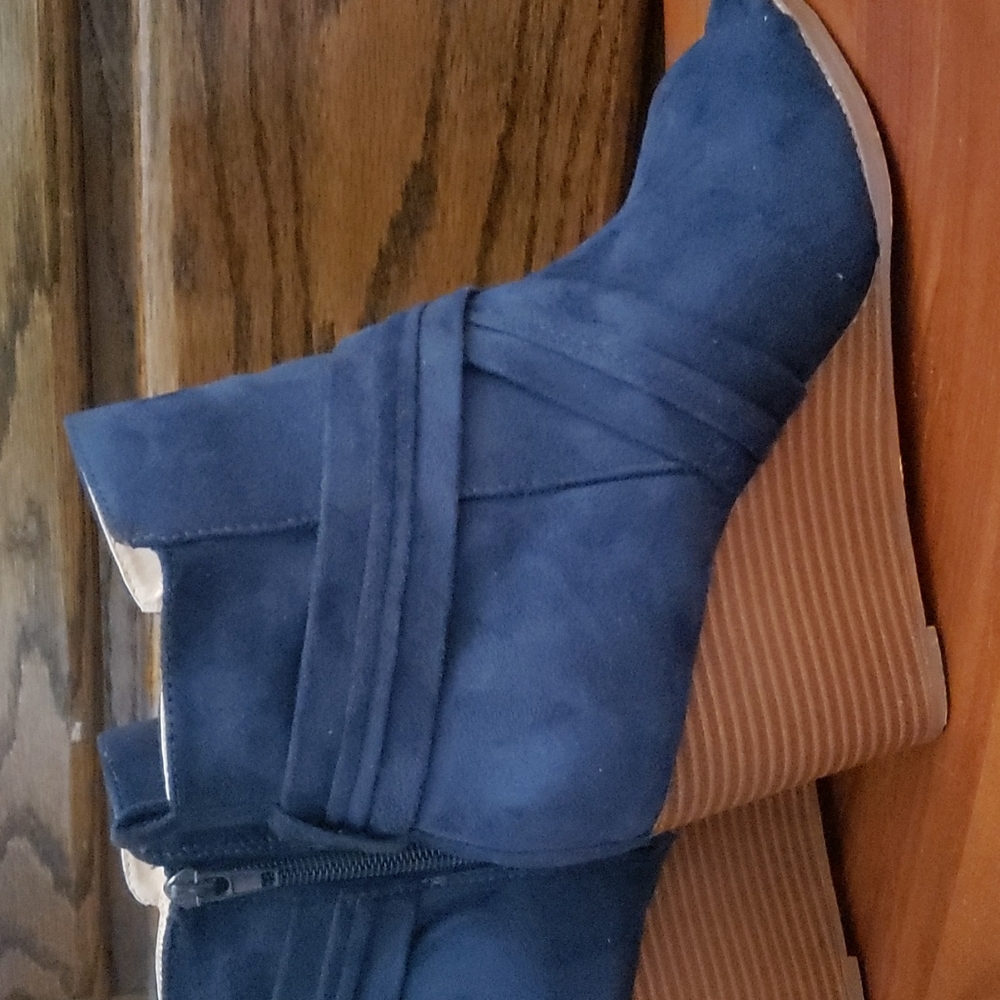 Journee Collection Navy Blue Suede Peep-Toe Ankle Booties - Picture 4 of 7